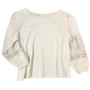 Crochet Cream Linen Cotton Boho Top by Anthropologie. Balloon Sleeve Hippie Lace
